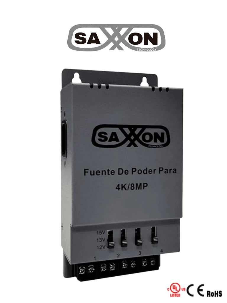 SAXXON ENERGIA PSU1205A-4K - Fuente de poder Regulable Metálica/ Conexión de Hasta 4 Canales/ Voltaje de Ajuste 12V 13V o 15V cc/ Salida de Hasta 5 Amp en los 4 Canales/ Instalación en Pared SAXXON ENERGIA PSU1205A-4K - Fuente de poder Regulable Metálica/ Conexión de Hasta 4 Canales/ Voltaje de Ajuste 12V 13V o 15V cc/ Salida de Hasta 5 Amp en los 4 Canales/ Instalación en Pared